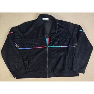 VTG Tennis Lady Velour Track Jacket Womens M Black Rainbow Zip Up Made USA Tail